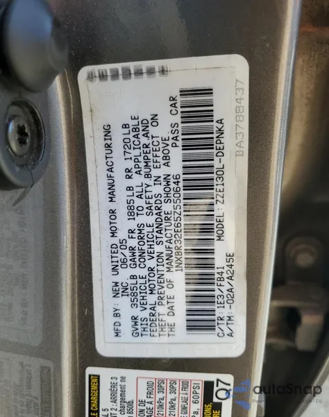 2005 Toyota Corolla Ce z USA, uszkodzony, nr VIN 1NXBR32E65Z550646